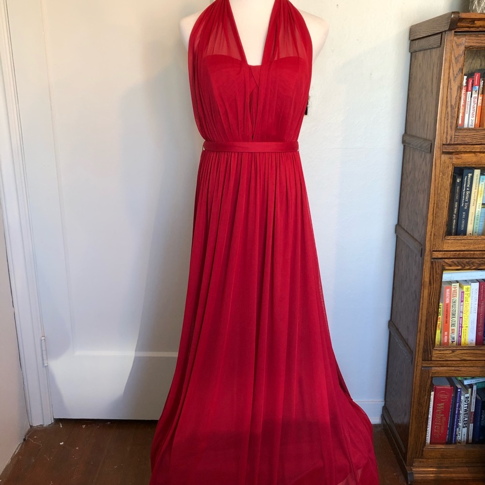 DAVID’S BRIDAL-Red Long Formal Backless Dress-S 12